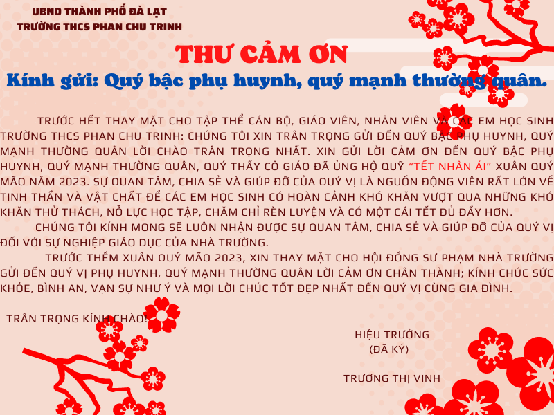 THƯ CẢM ƠN