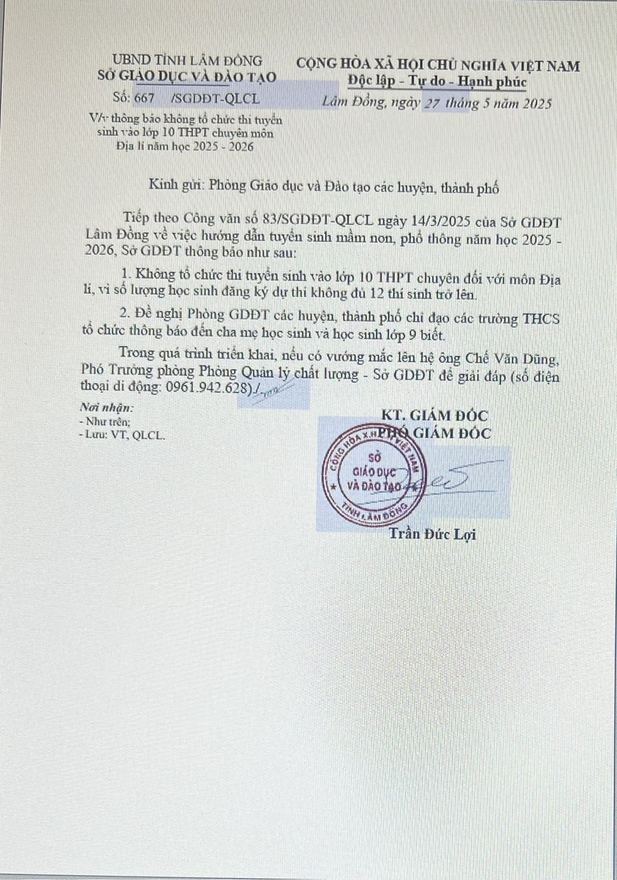 Thông báo không tổ chức thi tuyển sinh vào lớp 10 THPT chuyên môn Địa lý năm học 2025 2026